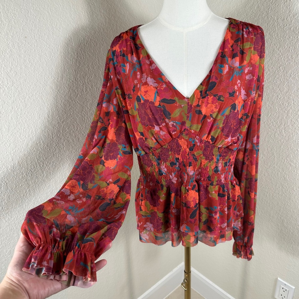 DR2 Peplum Blouse Womens XL Red Y2K Babydoll Floral Mesh Boho Smocked Waist Top